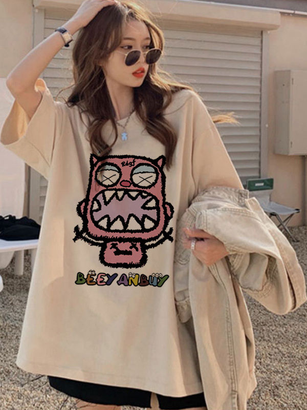 Vintage Fashion Hong Kong - Cartoon Print Cotton T-Shirt Women's Summer