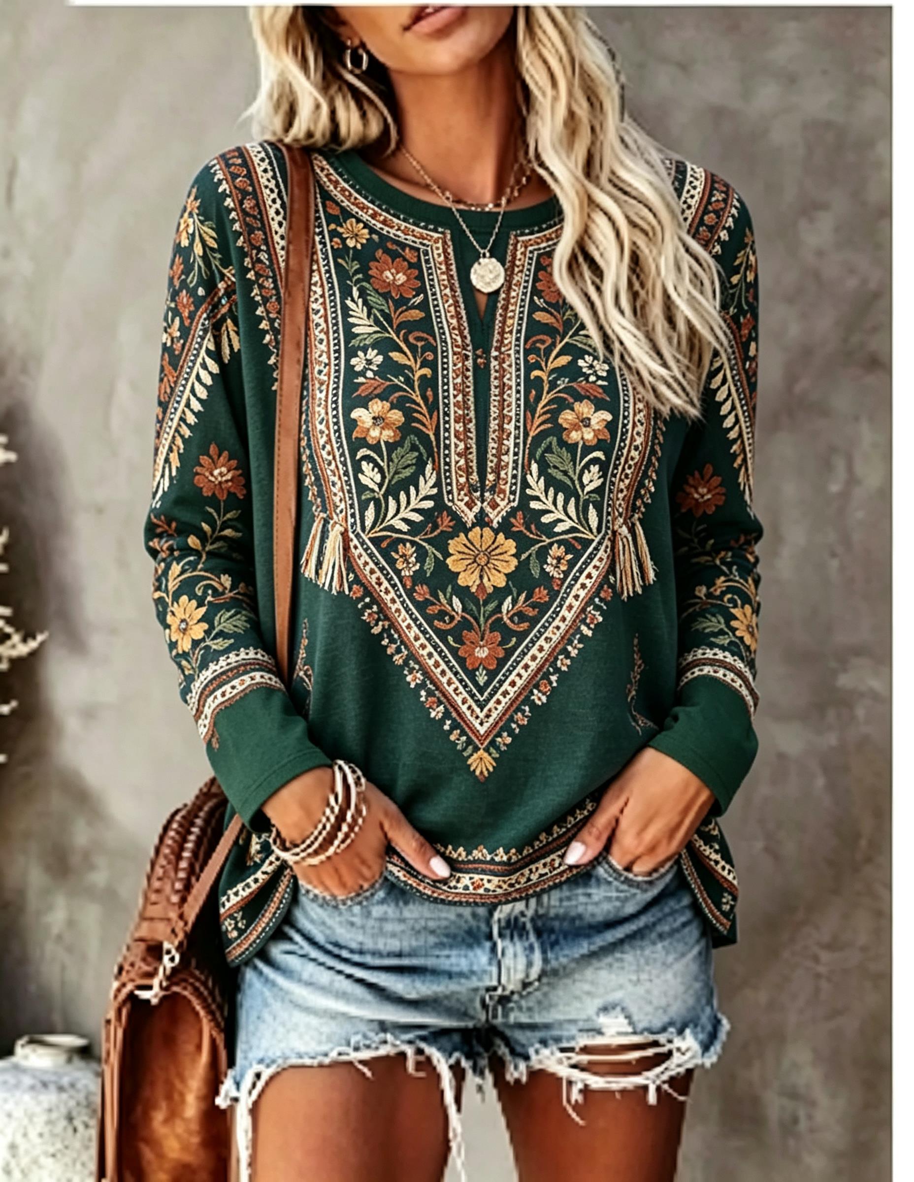 Printed Floral Shirt - Women Crew Neck Long Sleeve T‑Shirt,