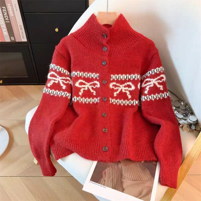 Vintage Fashion Faire - Red Bow Fair Isle Knit Cardigan
