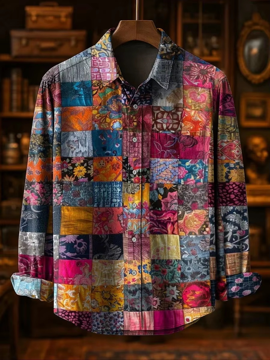 Printed Floral Shirt - Men's Fashion Casual Fashion Patchwork Design