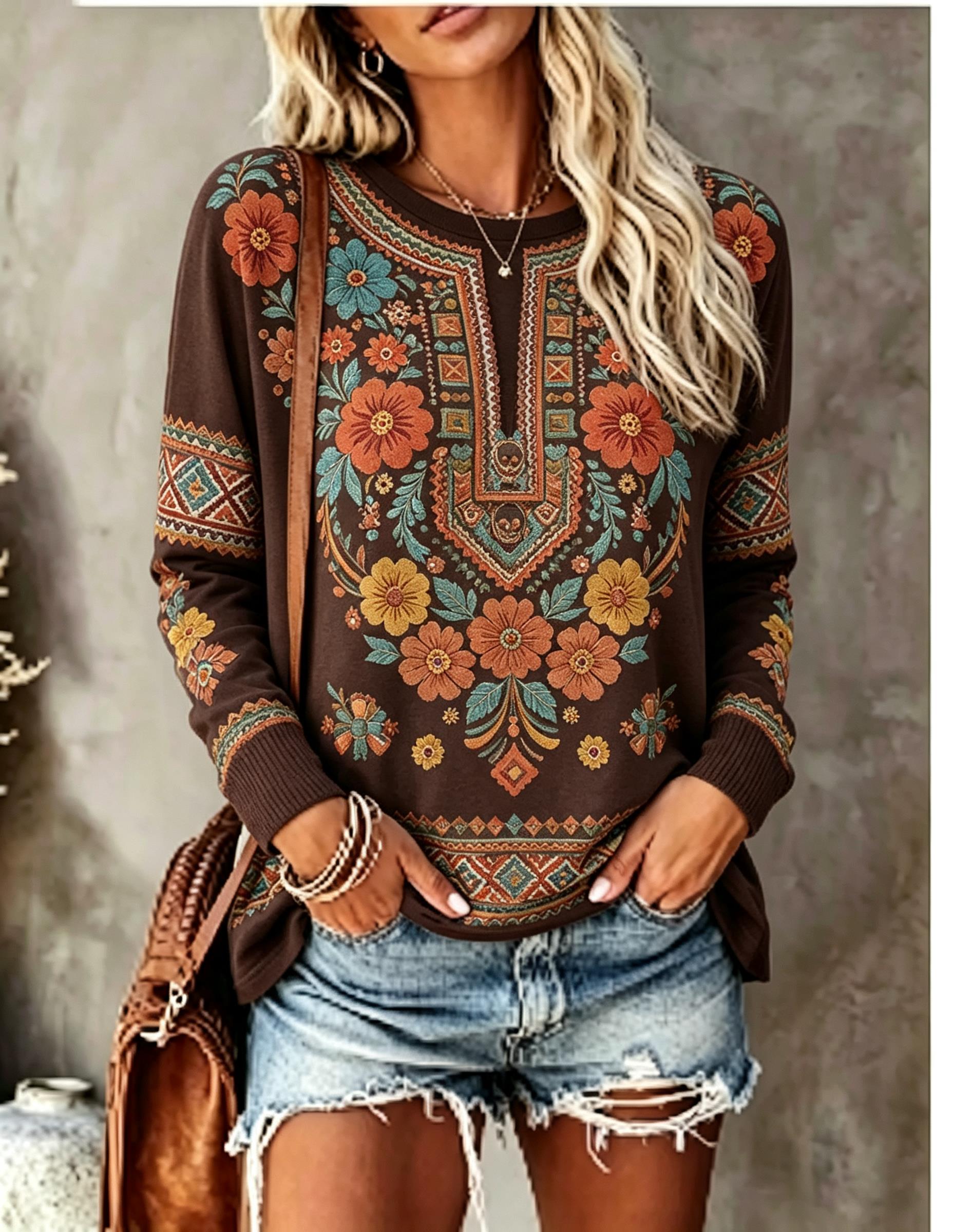 Women Crew Neck Long Sleeve T‑ - đánh giá và giá Printed Floral Shirt