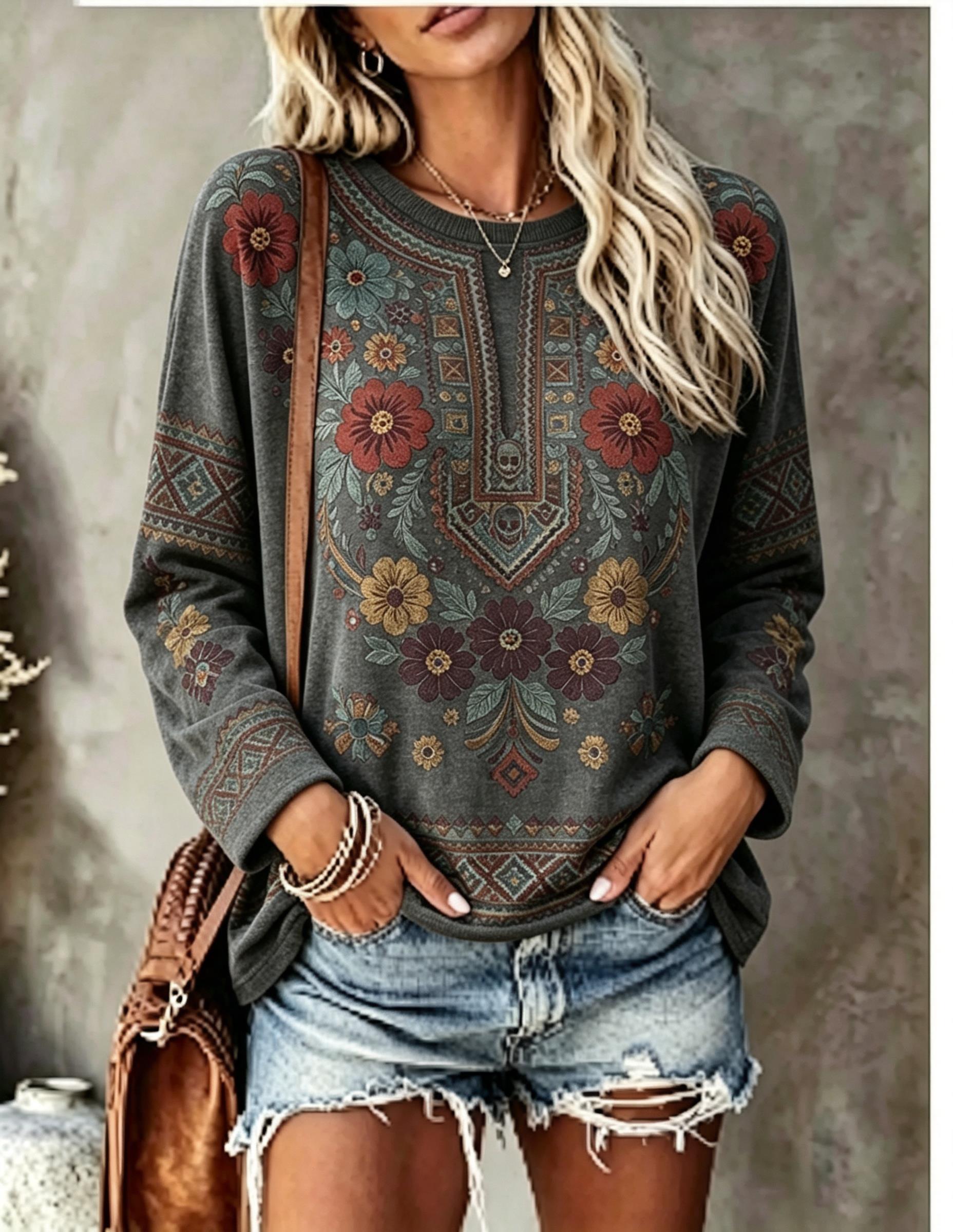 Women Crew Neck Long Sleeve T‑ - đánh giá và giá Printed Floral Shirt