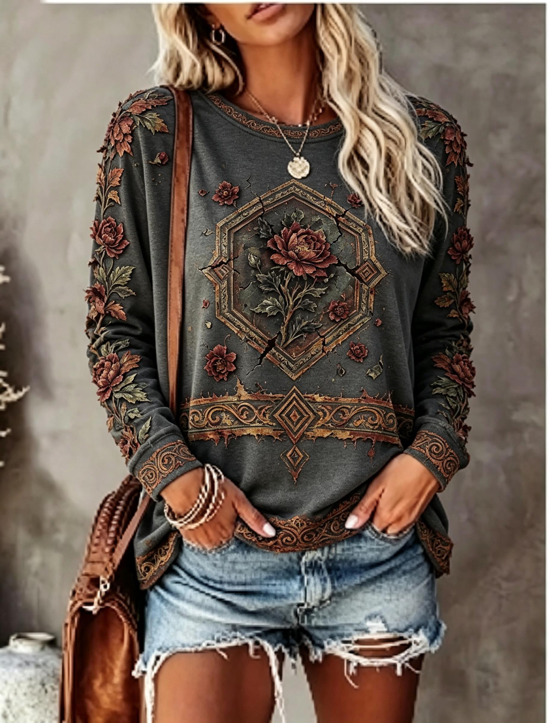 Women Crew Neck Long Sleeve T‑ - đánh giá và giá Printed Floral Shirt