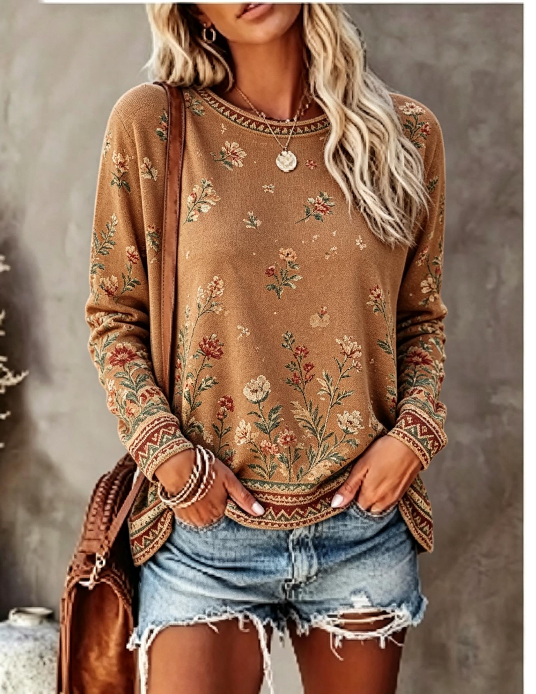 Women Crew Neck Long Sleeve T‑ - đánh giá và giá Printed Floral Shirt