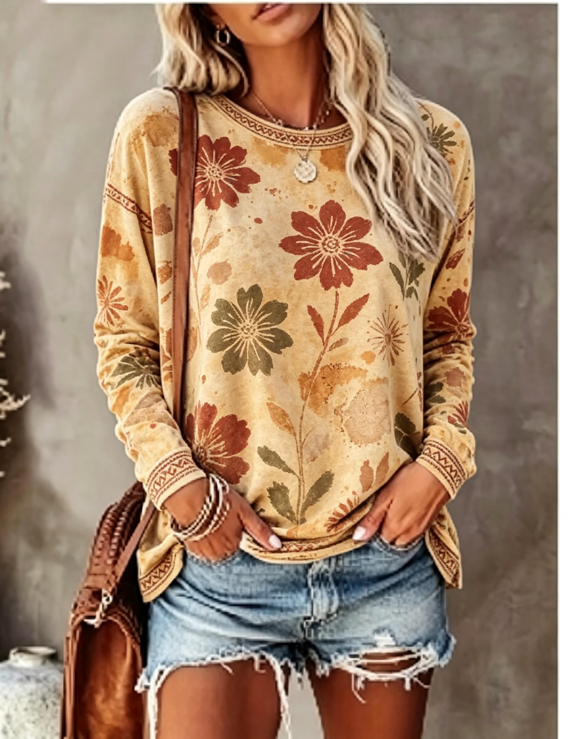 Women Crew Neck Long Sleeve T‑ - đánh giá và giá Printed Floral Shirt