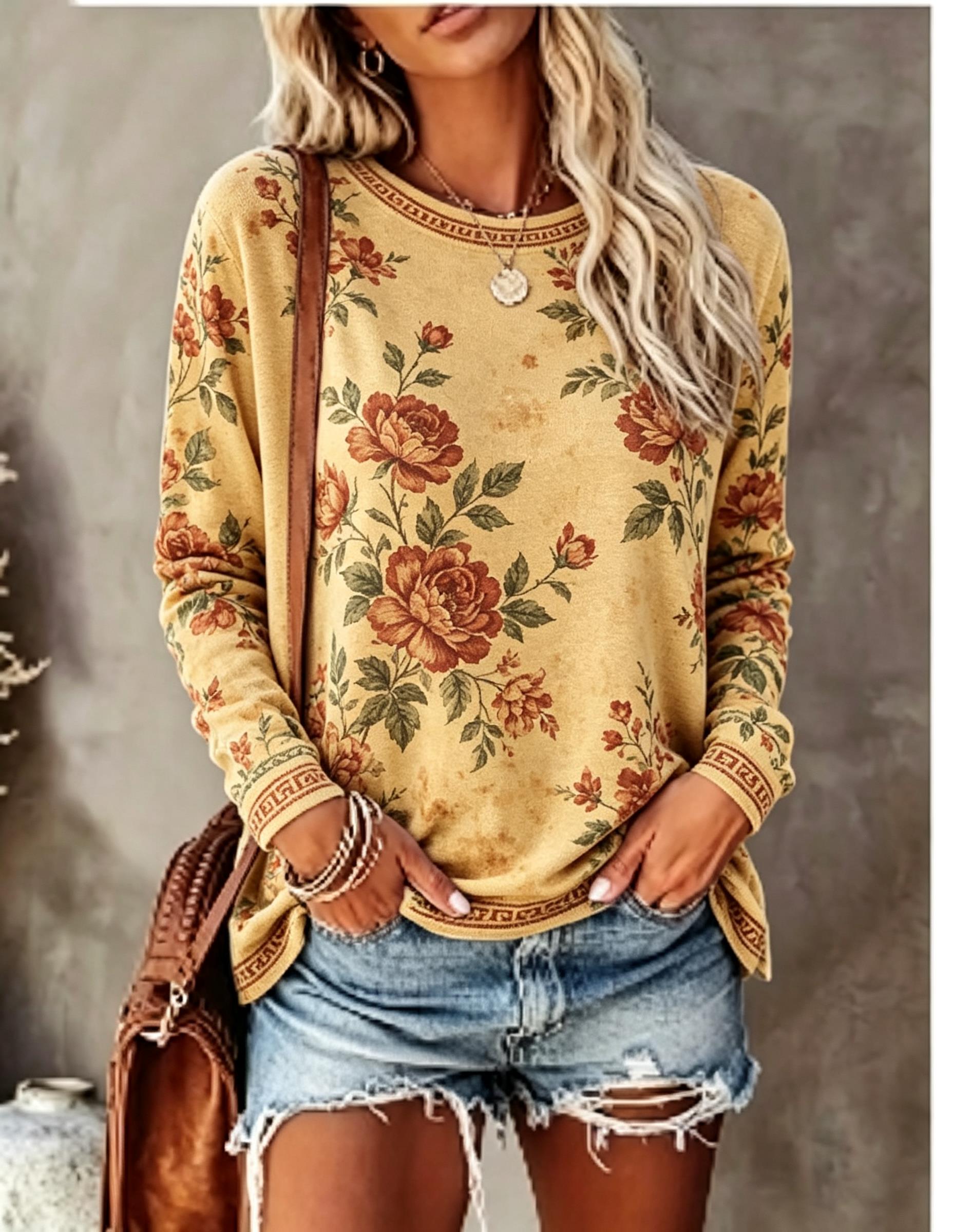 Women Crew Neck Long Sleeve T‑ - đánh giá và giá Printed Floral Shirt