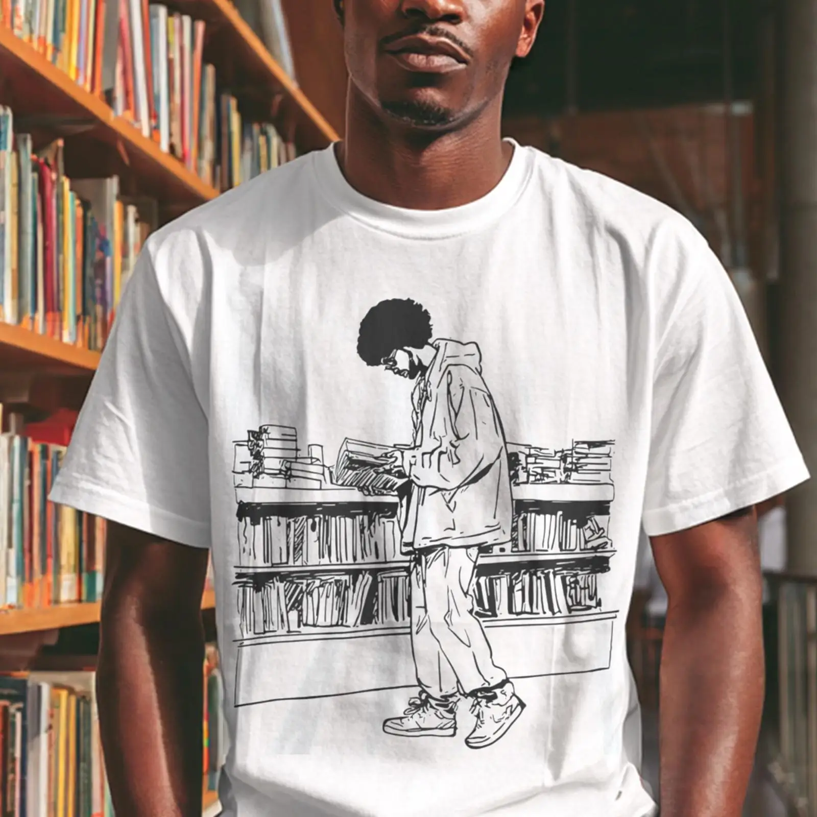Afro Man Reading in Library T  - đánh giá và giá Vintage Fashion Library